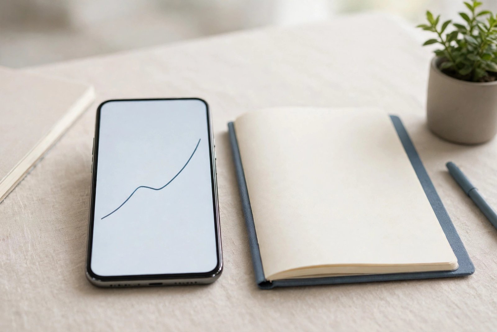 A phone showing a rising chart beside a notebook