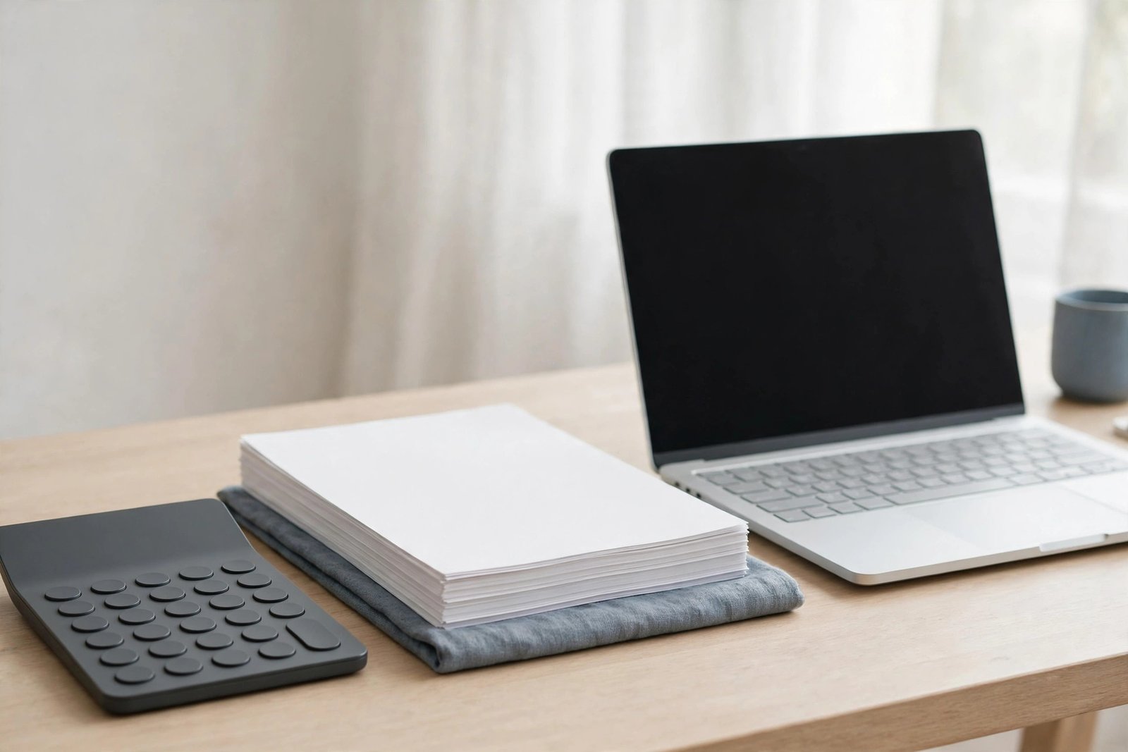 Calculator, documents and laptop on a desk
