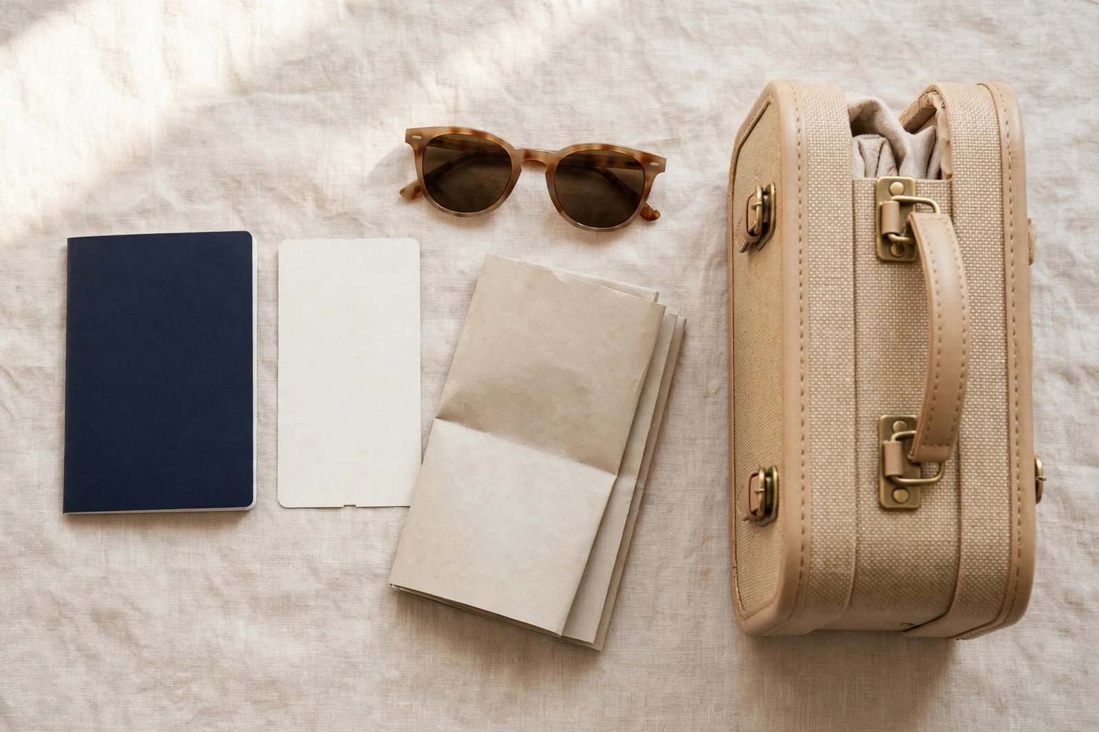 Passport, travel documents, sunglasses and a small suitcase